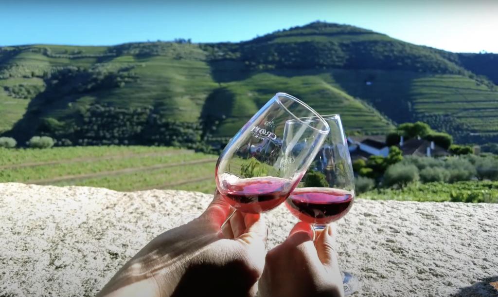 Two wine glasses set against the picturesque backdrop of the Douro Valley, with vine-covered hills stretching into the distance.