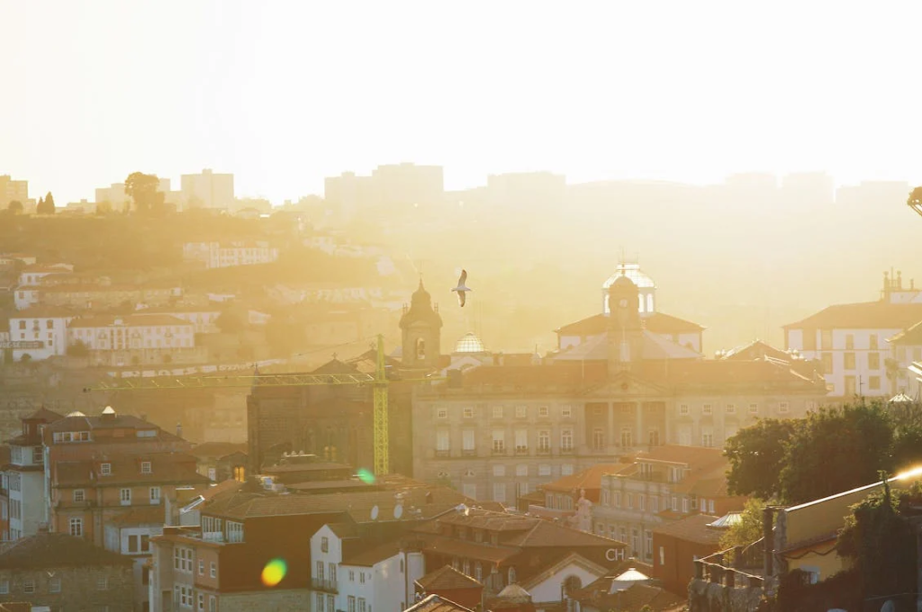 Sunlight streaming through an ornate ceiling in Porto, casting intricate shadows and highlighting architectural details.